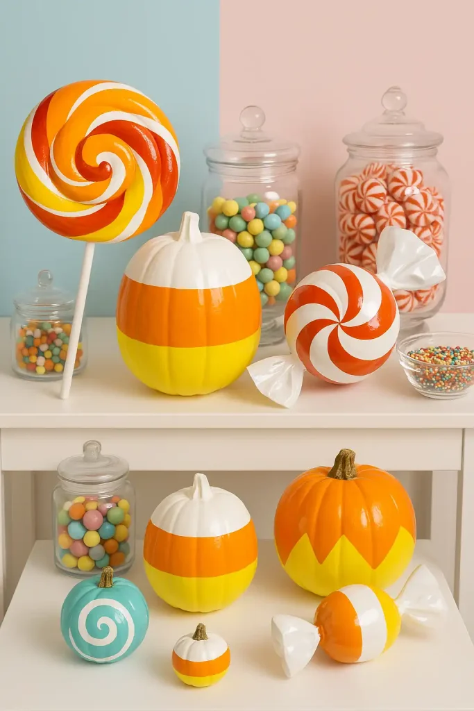 Pumpkins turned into candy decorationsâpainted like lollipops, candy corn, or wrapped sweets. Glossy finishes and swirly patterns. Styled on a candy bar setup with jars of sweets, sprinkles, and pastel backdrops.