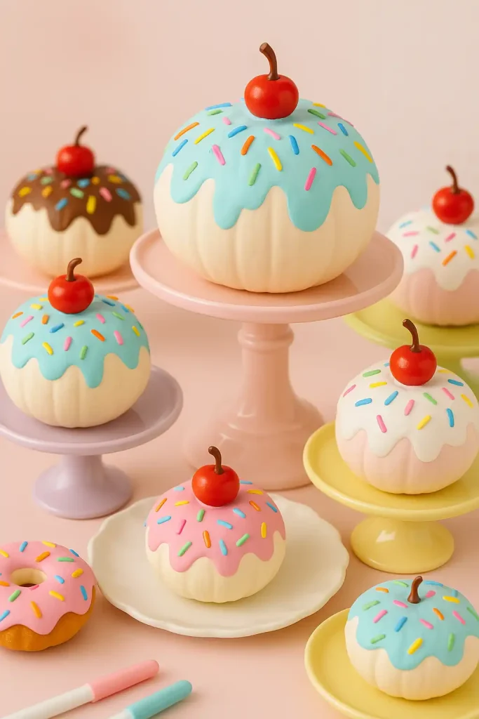 Mini pumpkins styled to look like cupcakes or donuts, with âfrostingâ paint, colorful sprinkles, and little cherries on top. Displayed on cake stands and pastel-colored platters in a faux bakery setup.