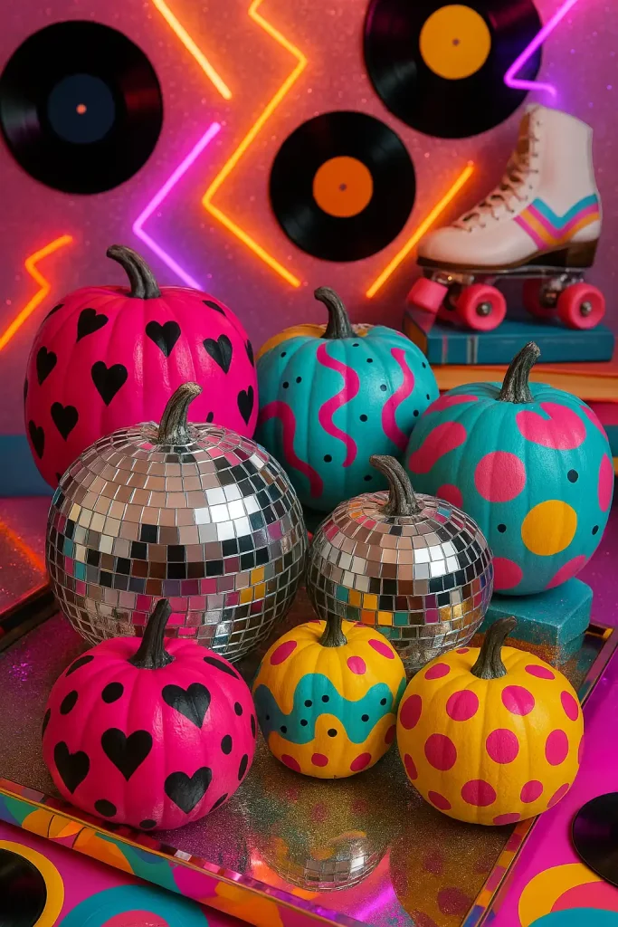 Pumpkins covered in silver mirror tiles, styled like disco balls. Some pumpkins painted in bold retro colors (hot pink, turquoise, yellow) with funky patterns. Set against a retro backdrop with records, roller skates, and neon lights.