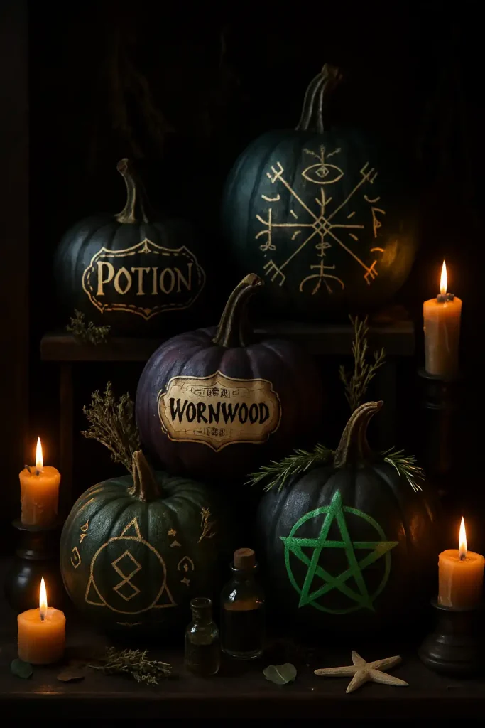 Pumpkins painted with mystical runes, potion labels, or spell symbols in black, emerald, and violet tones. Decorated with dried herbs, glass vials, and flickering candles in a dark, moody setting like an apothecary shelf.