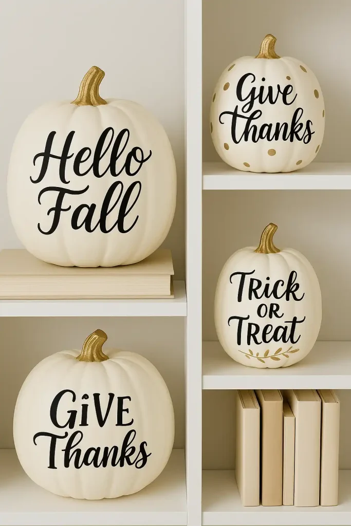 Elegant white or cream pumpkins with hand-lettered quotes like âHello Fall,â âGive Thanks,â or âTrick or Treatâ in modern calligraphy. Decorated with gold accents and styled on bookshelves, desks, or mantels.