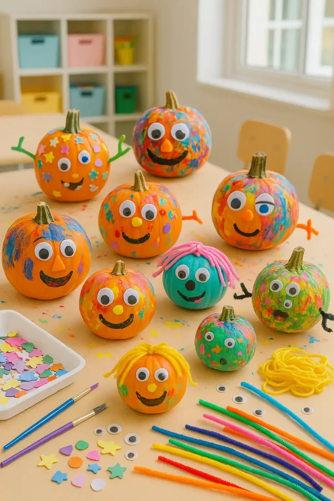 A table full of colorful, messy pumpkins decorated by kidsâpainted faces, stickers, googly eyes, yarn hair, and pipe cleaner arms. Set up in a bright classroom or at a kidsâ Halloween party with craft supplies scattered around.