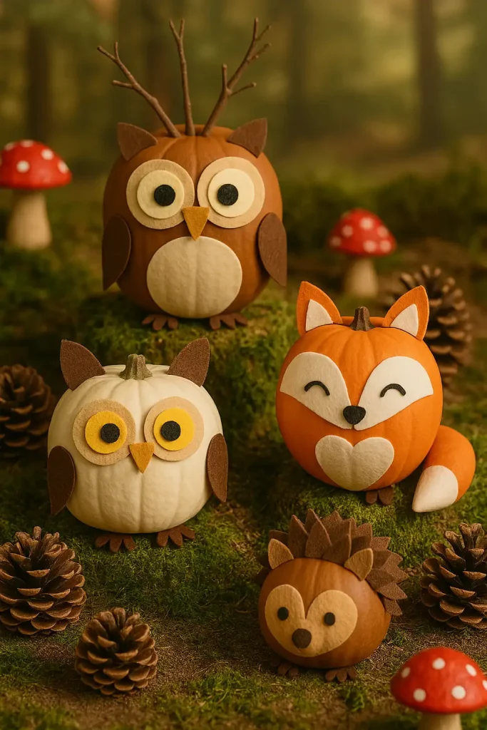 Pumpkins decorated to look like woodland animalsâowls, foxes, hedgehogsâusing felt, twigs, and paint. Styled in a forest-themed setting with pinecones, mushrooms, and mossy textures.