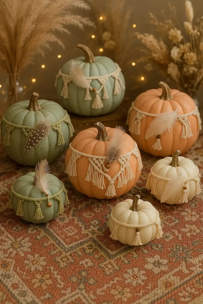 Pumpkins in muted pastel colors (peach, sage, cream), decorated with macramé wraps, feathers, and tiny beads. Styled on a bohemian rug with pampas grass, dried florals, and string lights in the background.