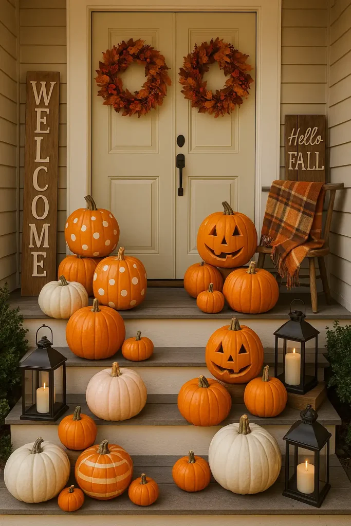 A dreamy front porch scene with pumpkins of all sizes stacked on the steps. Some are painted, some carved, and others wrapped in ribbons. Surrounded by lanterns, fall wreaths, welcome signs, and cozy plaid throws.