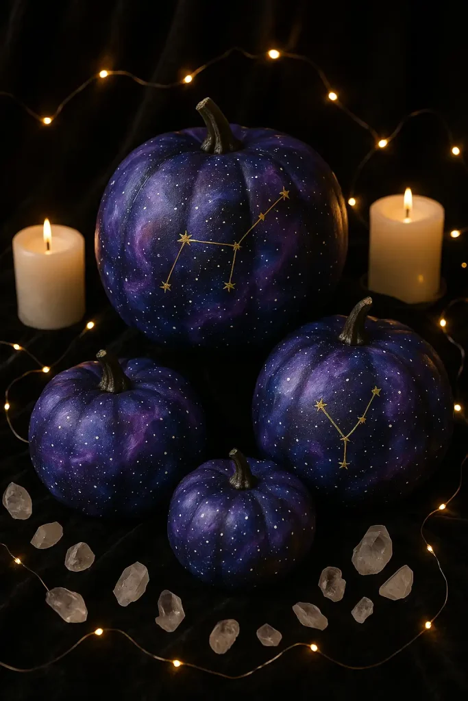 A set of pumpkins painted with swirling galaxy patternsâdeep purples, blues, and starry white specks. Some have mini constellations painted in gold. Displayed on a black velvet cloth with crystals, candles, and fairy lights.
