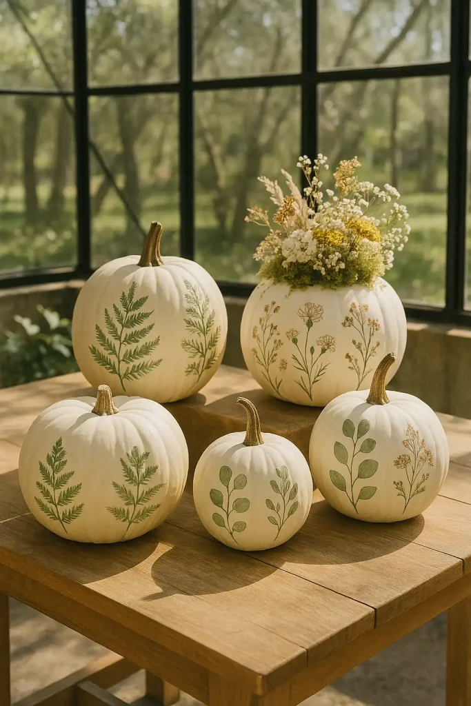 White or light green pumpkins decorated with hand-painted botanical illustrationsâferns, eucalyptus, and wildflowers. Some pumpkins are adorned with real dried flowers and moss, arranged on a wooden table in a sunlit greenhouse.