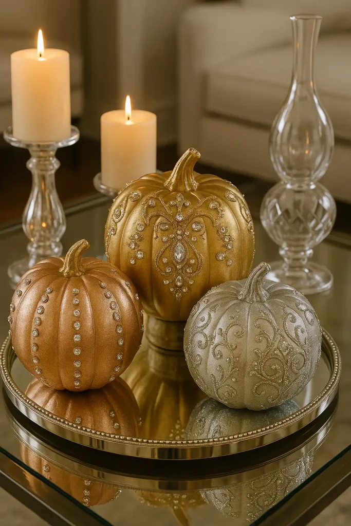 A glamorous pumpkin trio painted in metallic gold, rose gold, and silver with rhinestones, glitter, and ornate patterns. They sit on a mirrored tray surrounded by tall candles and elegant glass decor in a chic living room setting.