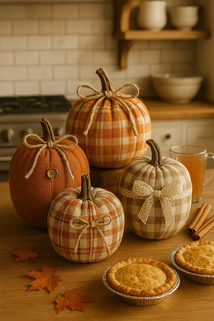 Pumpkins wrapped in plaid and gingham fabrics with tied twine bows, buttons, or lace details. Displayed in a cozy farmhouse kitchen with cinnamon sticks, apple cider, and homemade pies nearby.
