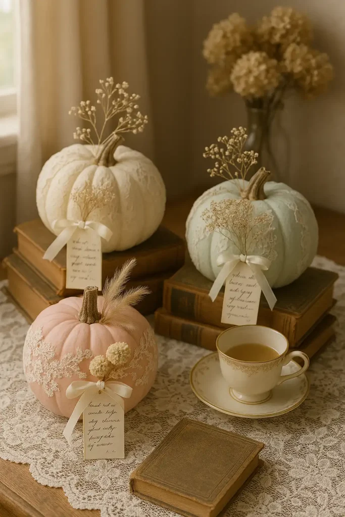 Soft-toned pumpkins (blush pink, cream, mint) with lace overlays, dried florals, and handwritten poetry tags tied with ribbon. They rest on vintage books beside tea cups, in a cozy cottage nook.