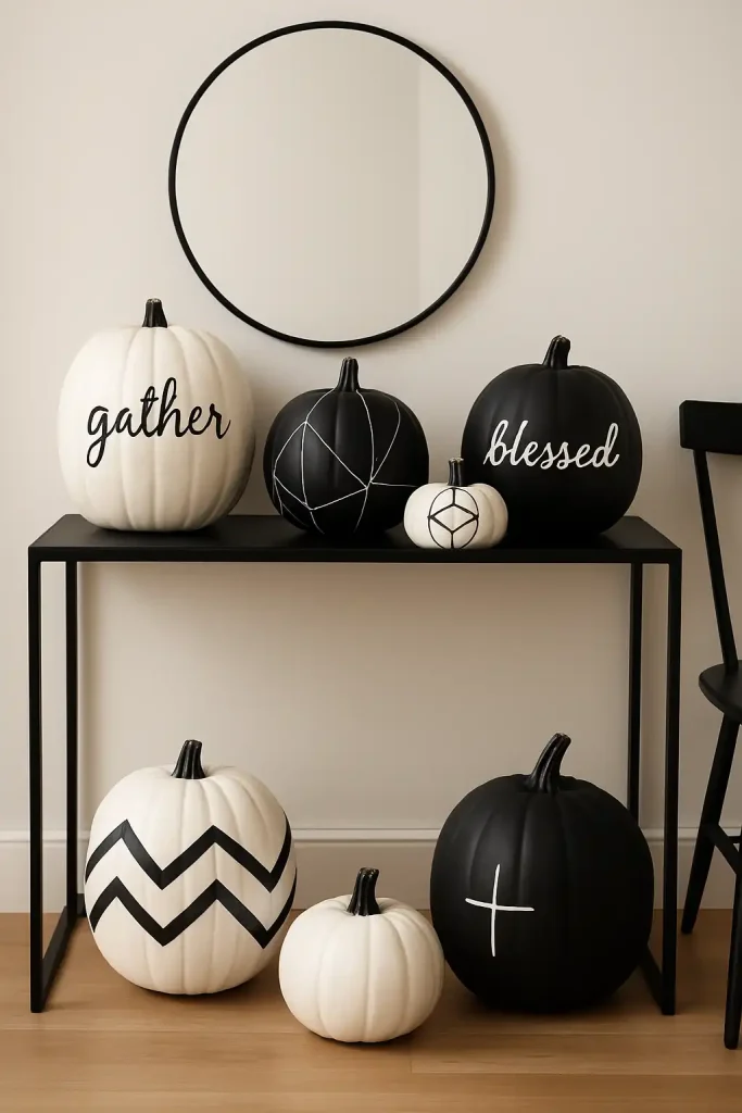 Pumpkins in all white or matte black with clean, geometric line art or simple painted words like âgatherâ or âblessed.â Styled in a minimalist entryway with a black-and-white color palette and sleek furniture.