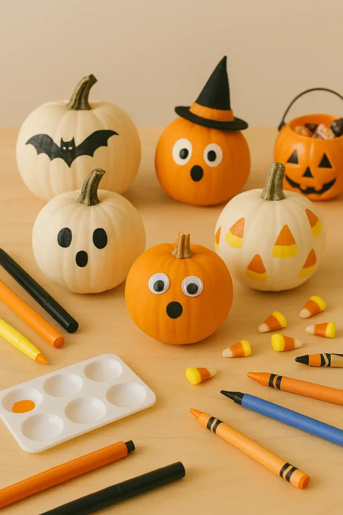 Small pumpkins painted with cute ghost faces, bats, and candy corn patterns. Some have googly eyes or little witch hats. Styled on a kid-friendly craft table with markers, paint, and Halloween treats.