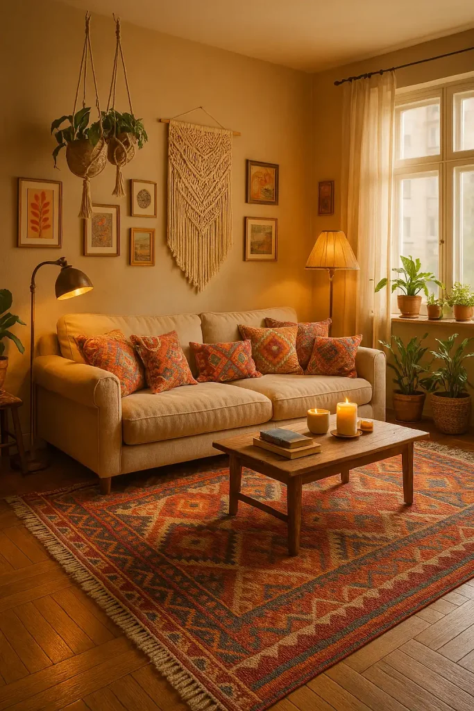 A cozy bohemian living room featuring a mix of vibrant, patterned textiles. A plush, oversized beige sofa with colorful throw pillows, a woven rug with geometric patterns on the wooden floor, hanging macrame planters with lush green plants, a low wooden coffee table with books and candles, and soft, warm lighting from a vintage floor lamp. The walls are adorned with framed eclectic art and a large boho-style wall hanging. Plenty of natural light comes through large windows with sheer curtains.