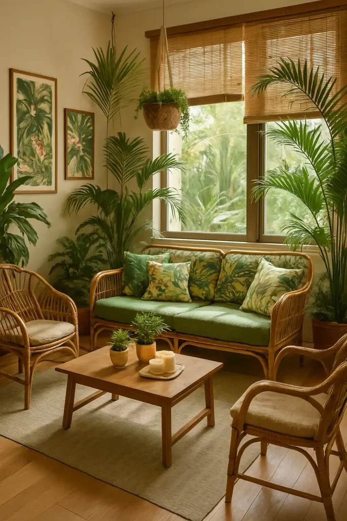A relaxing tropical-inspired lounge with lush greenery throughout, including large palm plants, ferns, and a hanging plant basket. The seating area features a rattan couch with tropical-patterned cushions and a couple of wicker armchairs. A wooden coffee table is adorned with candles and small plant pots. The room is filled with vibrant tropical prints on the walls, bamboo curtains, and a light wood floor. Soft natural light pours in from the windows, creating a serene, beachy atmosphere.