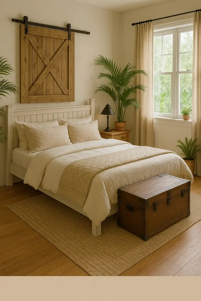 A cozy farmhouse-style bedroom with a whitewashed wood bed frame, soft cotton linens in shades of cream, and a cozy quilt at the foot of the bed. A wooden barn door is mounted on the wall as a statement piece, and an antique metal lamp sits on a wooden nightstand. A vintage trunk serves as a storage chest at the foot of the bed. The floor is hardwood with a large woven area rug, and the room is filled with natural light from a large window with simple linen curtains.