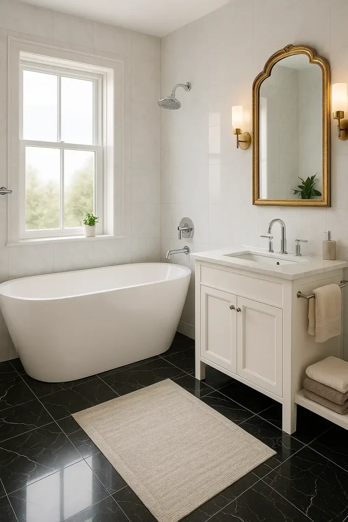 An elegant modern bathroom with a freestanding white bathtub under a large window, surrounded by white marble walls and a marble-topped vanity. A statement gold-framed mirror hangs above the sink, and the room features sleek chrome fixtures and a rainfall showerhead. The floor is covered with luxurious black marble tiles, and plush towels in neutral tones are neatly arranged. A small potted plant sits on the windowsill, and soft ambient lighting adds to the opulence.