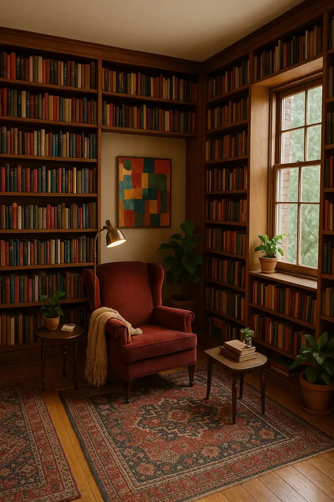 A warm and inviting eclectic home library with floor-to-ceiling bookshelves filled with books of all sizes. A vintage armchair in deep burgundy sits in the corner with a small side table, a soft throw blanket, and a warm reading lamp. The room features an area rug with intricate patterns, a colorful art piece hanging on the wall, and a couple of potted plants. Large windows allow natural light to flood the space, creating a cozy, lived-in feel.
