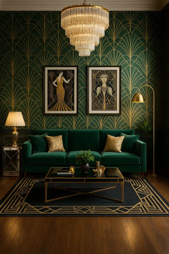 A glamorous Art Deco-inspired living room featuring bold geometric patterns and luxurious materials. A velvet sofa in deep emerald green sits in front of a striking geometric wallpaper, with mirrored side tables and a gold-framed floor lamp. The coffee table is a sleek black glass piece with gold accents, and the room is decorated with vintage-style art deco prints. Dark wood flooring contrasts with metallic accents in the room, and a large, opulent chandelier hangs from the ceiling.