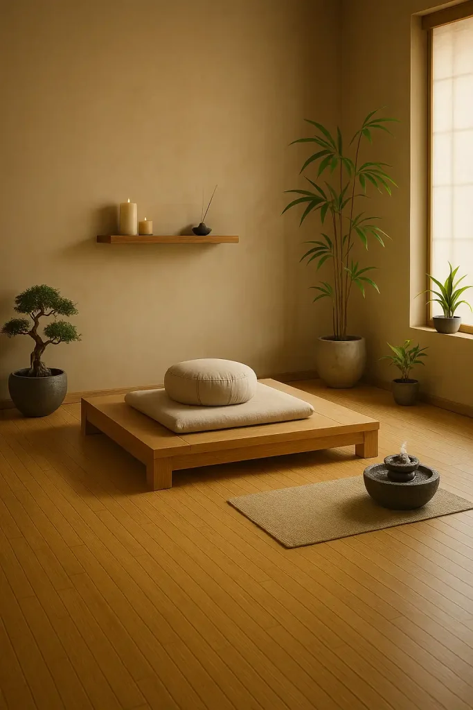 A tranquil zen meditation room with bamboo flooring and simple, neutral-colored walls. The space is centered around a low wooden platform with a comfortable cushion for meditation. The room is minimalist, with a small indoor fountain adding a soothing sound. Simple potted plants, such as bonsai and bamboo, are placed around the room. A wall-mounted shelf holds calming elements like candles and incense. Soft lighting creates a serene, peaceful atmosphere.
