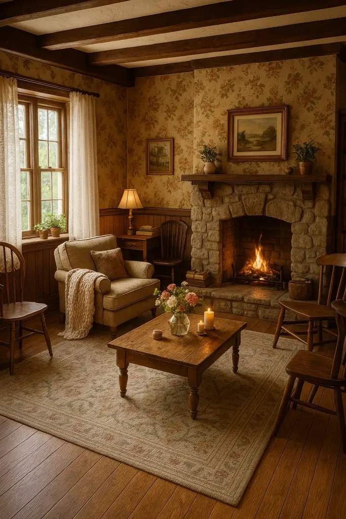 A charming cottage living room with vintage floral wallpaper, a stone fireplace, and a cozy armchair with a knitted throw blanket. A soft, patterned rug covers the hardwood floors, and a wooden coffee table holds a bowl of fresh flowers and a few candles. The room features wooden beams on the ceiling and large windows with white lace curtains, letting in soft, diffused light. A collection of mismatched chairs and a few bookshelves give the space a warm, lived-in feel.