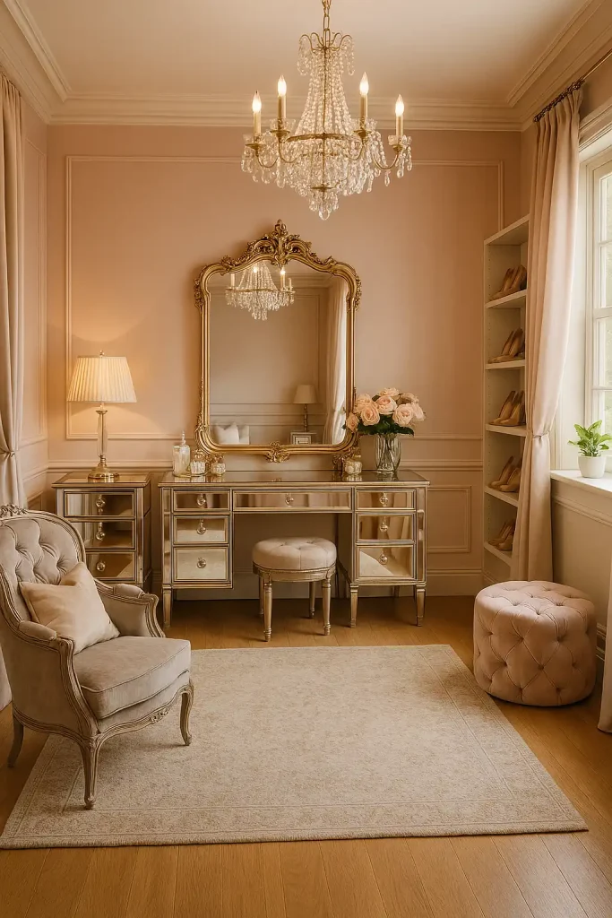 An opulent dressing room with mirrored furniture, plush velvet chairs, and a grand vanity table with a large, gilded mirror. The walls are painted in soft blush pink, and the room features luxurious fabrics like satin curtains and a plush area rug. A crystal chandelier hangs from the ceiling, casting soft, warm light. A set of elegant shoe shelves and a small seating area with soft cushions add to the sophisticated atmosphere.