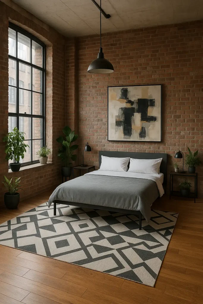 A stylish contemporary loft bedroom with exposed brick walls and large industrial windows. The bed is minimalist, with a simple gray duvet and crisp white linens, paired with black metal bedside tables. An abstract painting hangs on the wall, and the room is filled with plants for a touch of greenery. A statement geometric rug covers the hardwood floor, and an industrial-style pendant light hangs above the bed. The space is airy and modern with an open, spacious feel.