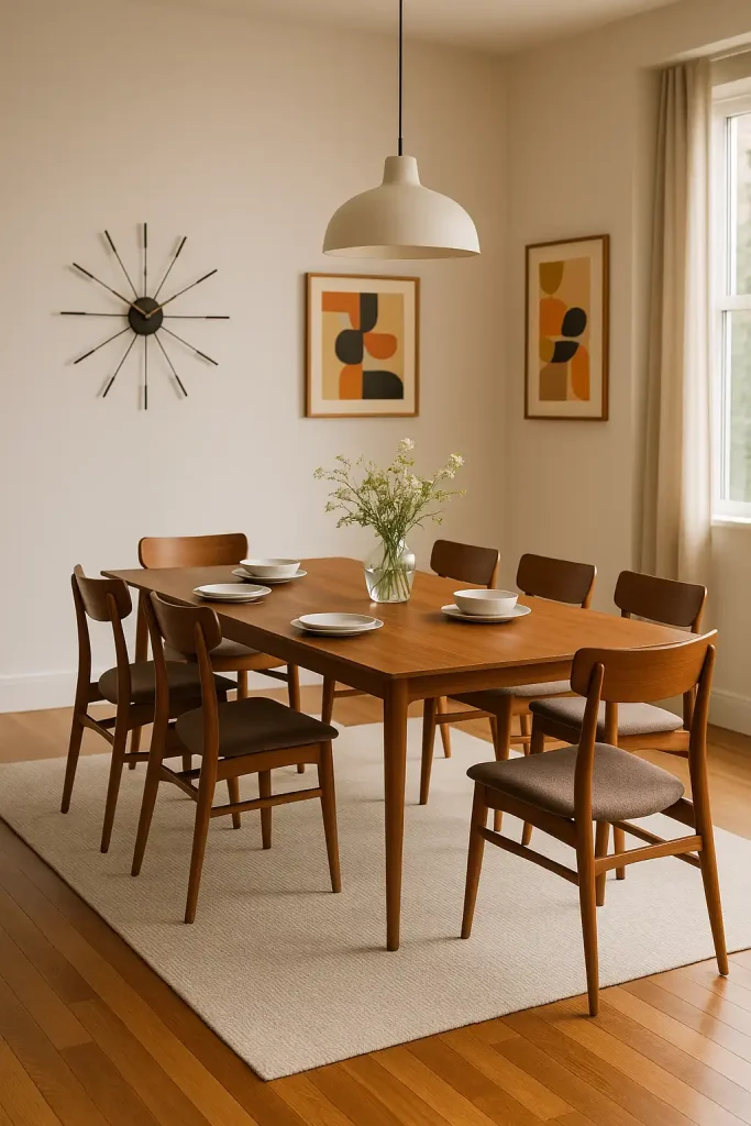 A sleek mid-century modern dining room with a long wooden table surrounded by retro chairs with tapered legs. The table is set for a meal with minimalist white dinnerware and a simple floral centerpiece. The walls are decorated with mid-century-style artwork and a large statement clock. A pendant light with a simple, geometric design hangs over the table, casting soft light. The floor is polished hardwood, and a neutral area rug anchors the space.