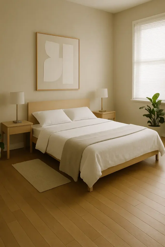 A serene minimalist bedroom with neutral tones, featuring a low platform bed with crisp white linens and a light gray wool blanket. Simple wooden nightstands with sleek, modern lamps and a minimalist abstract painting hanging above the bed. The floor is polished wood with a small, neutral-toned area rug. There’s a large window with white blinds, letting in soft, natural light. A few green plants add a touch of nature to the space.