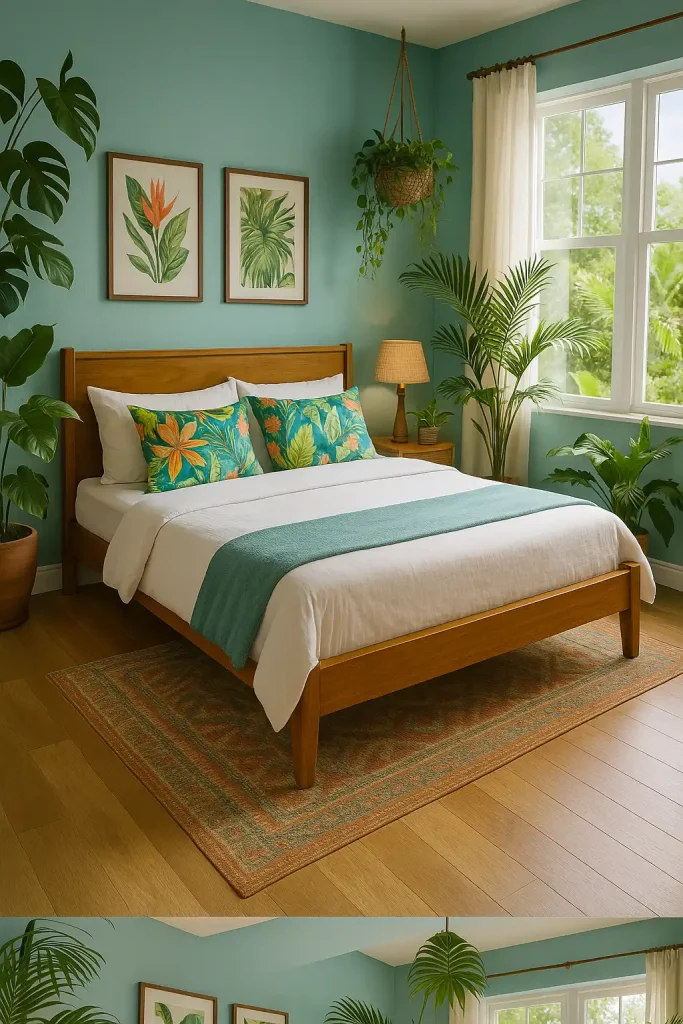 A vibrant tropical bedroom with a large wooden bed frame and crisp white bedding accented by bright, tropical-patterned throw pillows. The room is filled with lush plants such as monstera, palm, and hanging vines. The walls are painted in a soft aqua color, and tropical prints decorate the space. A woven rattan nightstand holds a lamp with a bamboo shade, and the floors are a light wood with a patterned rug in warm, earthy tones. Large windows open to a view of a lush garden.
