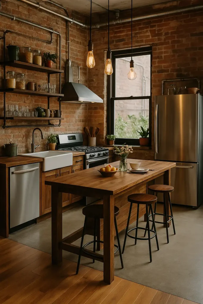 A trendy industrial kitchen with stainless steel appliances, exposed pipes, and open shelving displaying a mix of vintage glassware and modern kitchen essentials. The counters are made of reclaimed wood, and a large farmhouse sink sits beneath a window with a simple black frame. The kitchen island is a wooden piece with stools on one side, and the floor is polished concrete. An exposed brick wall adds character, and Edison bulb pendant lights hang above the kitchen island.