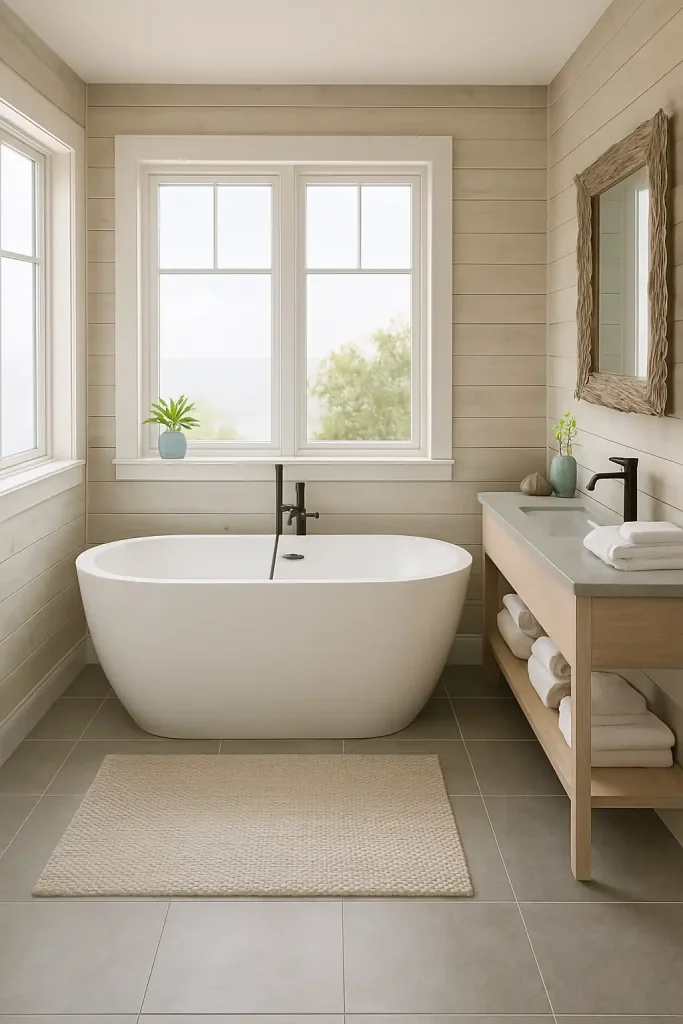 A serene coastal-modern bathroom with a sleek white freestanding tub, set against a backdrop of light wood paneling. The floor is tiled in soft gray stone, and a minimalist vanity with a stone countertop sits against the wall. Simple white towels are neatly folded, and a large mirror with a driftwood frame hangs above the vanity. Coastal touches like a few seashells in a jar and soft blue accents add to the beachy, airy feel. Natural light floods the room from large windows.