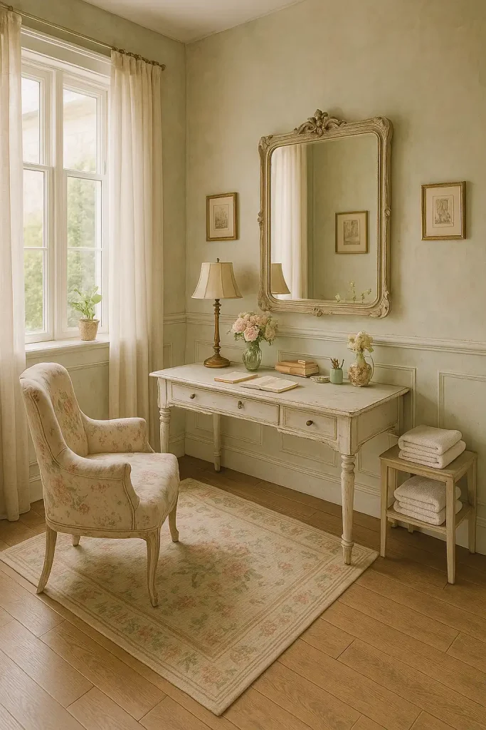 A shabby chic office with distressed furniture, a vintage writing desk, and a soft armchair in faded floral fabric. The desk is cluttered with vintage stationery, an antique lamp, and a vase of fresh flowers. The walls are painted in pastel shades with a few framed antique prints. A large, elegant mirror hangs above the desk, and the floor is covered by a floral area rug. The room is warm, welcoming, and filled with natural light from large windows.