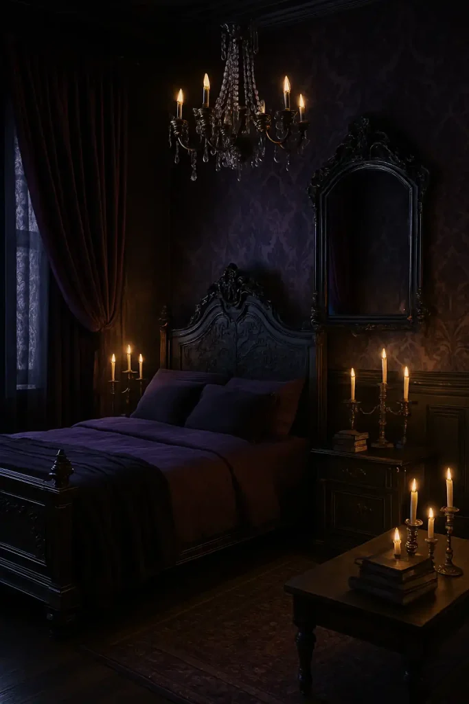 A dramatic Gothic-inspired room with dark, rich colors such as deep purples and blacks. The room features heavy velvet curtains, a large, ornately carved dark wood bed, and vintage candelabras on the nightstand. Gothic-style wallpaper with intricate patterns covers one wall, and the floors are dark hardwood with an antique rug. A large mirror with a black frame and a crystal chandelier add an element of grandeur. Candles and antique books complete the mysterious, moody vibe.