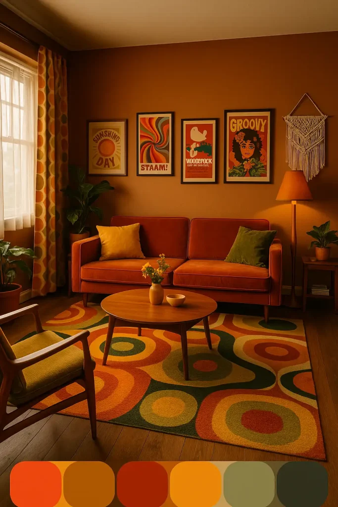 A funky 1970s-inspired living room with a mix of bold, warm colors like orange, mustard yellow, and olive green. The room features a low, sleek velvet sofa in deep orange, paired with a groovy geometric-patterned rug. A round wooden coffee table with a retro design sits in the center. The walls are decorated with vintage 70s-style posters and framed album covers. A macramé wall hanging adds texture, and an old-school floor lamp with a cone-shaped shade completes the retro vibe. Large windows with patterned curtains provide plenty of natural light.
