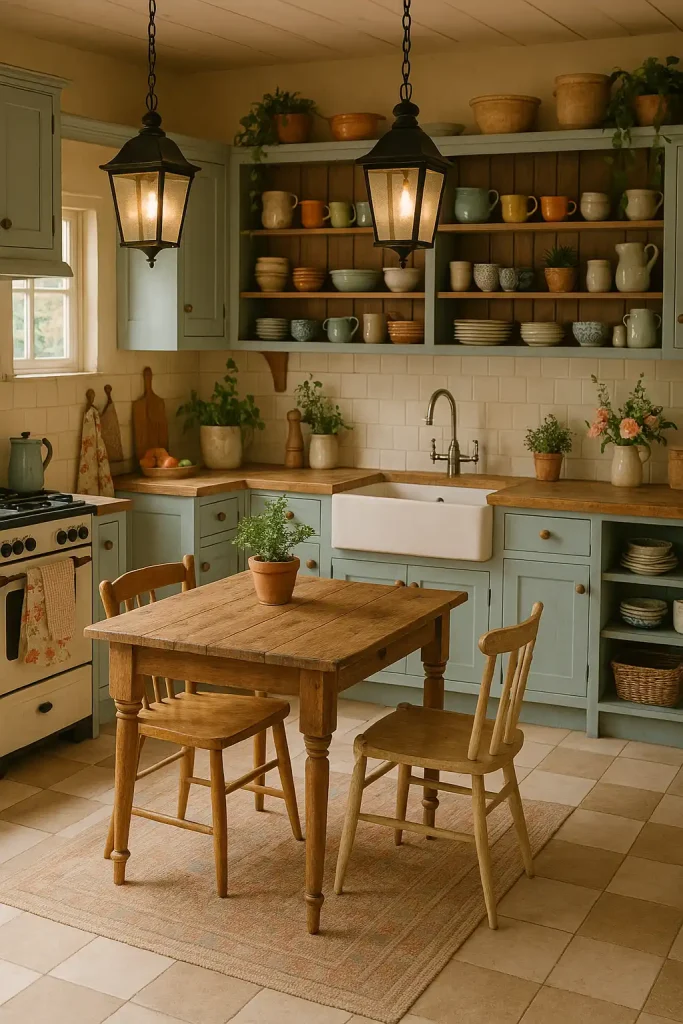 A warm, inviting cottage kitchen with pale blue cabinetry and a farmhouse-style sink. The kitchen island is made of reclaimed wood, and there are open shelves showcasing colorful mugs, vintage dishware, and a few potted plants. A rustic wooden dining table with mismatched chairs sits in the center. The room is illuminated by soft, ambient lighting from hanging lantern-style fixtures. A floral apron and rustic kitchen towels hang by the stove, and a basket of fresh produce sits on the counter. The floor is covered with a light, checkered pattern tile.