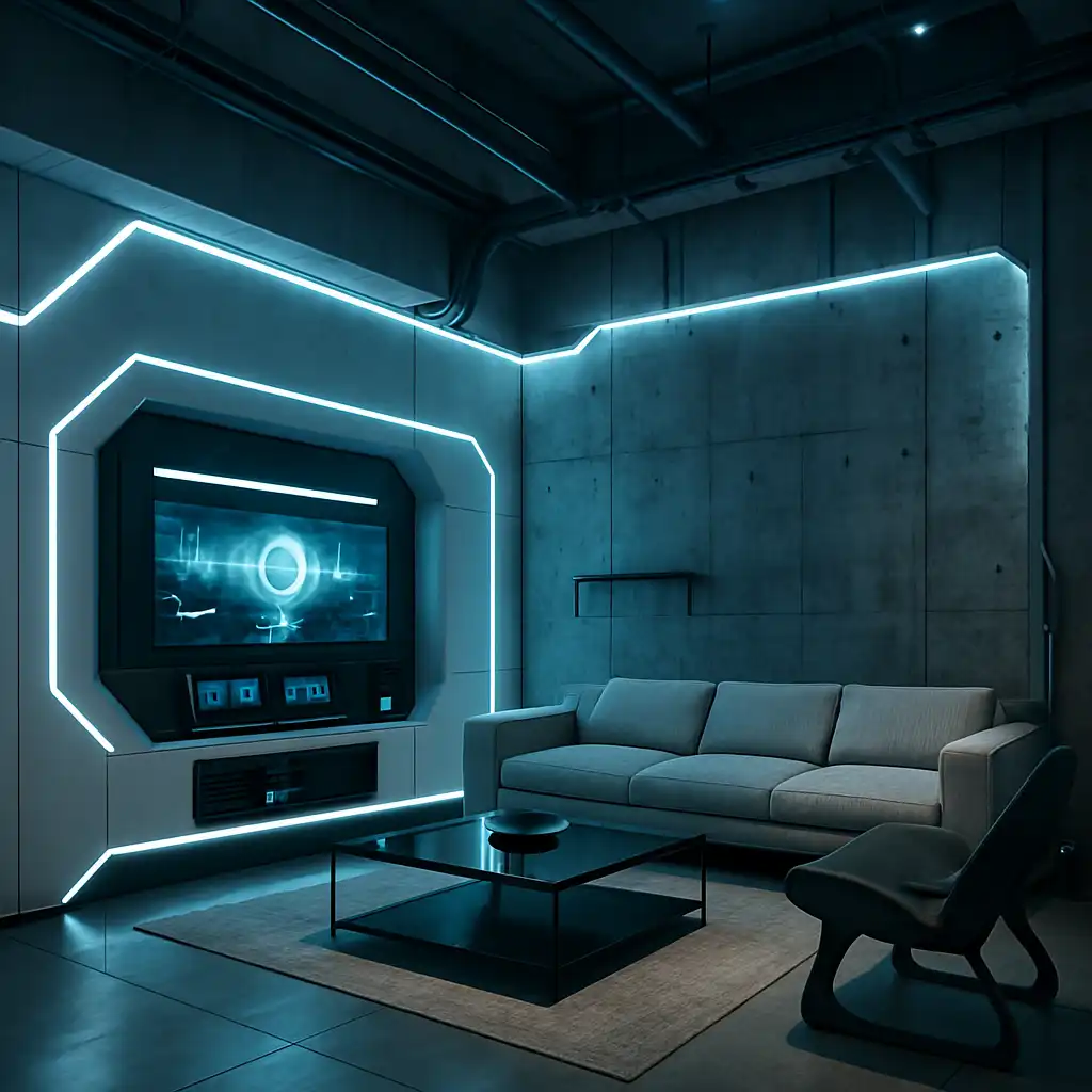 A sleek futuristic loft with modern, cutting-edge design elements. The space features a minimalist gray sectional sofa and a low-profile glass coffee table. The walls are a combination of concrete and white panels with ambient LED lighting embedded into the architecture. The room features a high-tech entertainment center with integrated screens and a smart home system. Industrial-style elements like exposed pipes and metal frames are paired with futuristic furniture, such as a chair with an unusual, sculptural design. The flooring is polished concrete, and a few high-tech gadgets are visible throughout.