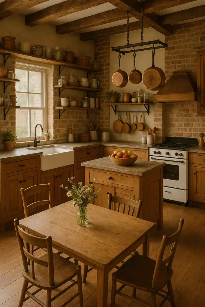 A charming rustic kitchen with warm wood cabinetry, a farmhouse-style sink, and a vintage stove. The countertops are made of polished stone, with a bowl of fresh fruit and a set of copper pots hanging above the island. Wooden shelves are stocked with mason jars, cookbooks, and ceramic mugs. A large wooden dining table sits near the window with mismatched chairs, a vase of wildflowers in the center. The walls feature exposed brick and open shelving.