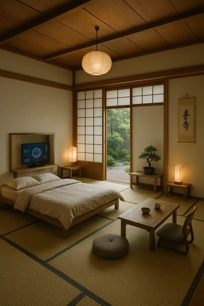 A serene Japanese tatami room with a low wooden platform bed covered in a simple futon mattress and soft bedding. The floor is covered with traditional tatami mats, and sliding shoji doors lead out to a peaceful garden. Simple wooden furniture, such as a low dining table and floor cushions, provide a cozy seating area. The walls are minimalist, with soft cream colors and a small hanging scroll of Japanese calligraphy. Subtle lighting from paper lanterns creates a calm, meditative atmosphere. A bonsai tree sits in the corner, adding a natural touch.