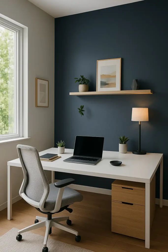 A sleek, modern home office with a large white desk, a comfortable ergonomic chair, and a minimalist desktop setup. A high-end laptop, a few neatly organized notebooks, and a small potted plant are on the desk. The walls are painted in a soft gray with one accent wall in navy blue. A floating shelf holds decorative items, a small painting, and a stylish lamp. A large window offers a view of greenery outside, with natural light filling the room.