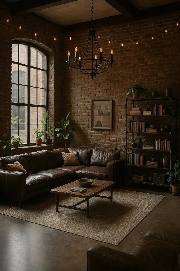 A chic industrial loft living room with exposed brick walls and large metal-framed windows. The space is furnished with a dark leather sectional sofa, a vintage wooden coffee table, and an antique metal bookshelf filled with books and decorative items. A large area rug in muted tones covers the concrete floor. String lights hang above, and a statement black metal chandelier hangs from the high ceiling. Several indoor plants add a touch of green to the raw, urban vibe.
