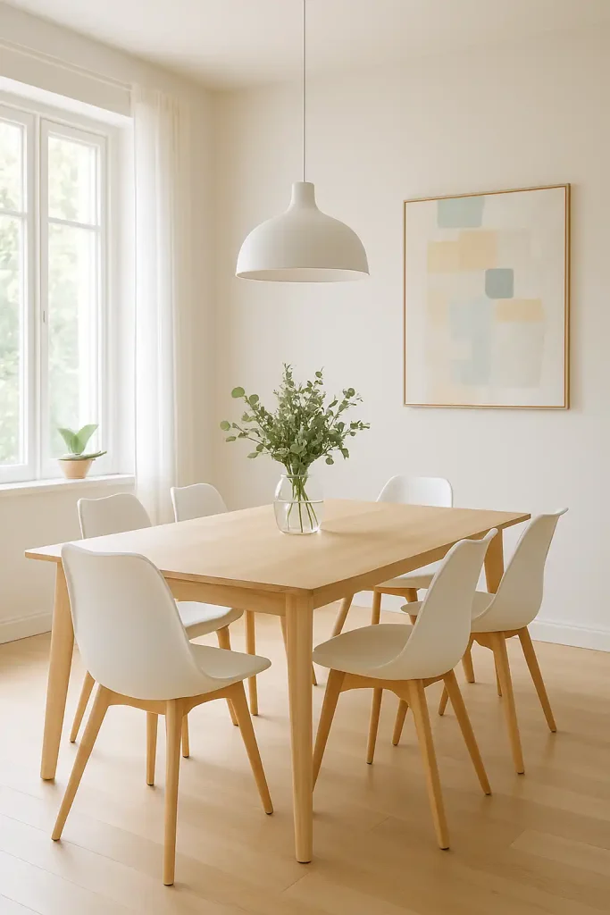 A bright and airy Scandinavian dining room with a large wooden dining table surrounded by white chairs with light wood accents. The room features light walls, a white pendant light hanging over the table, and a large abstract painting on the wall. A woven basket with plants sits in the corner. The floor is light-colored wood, and the room is bathed in soft, natural light streaming through large windows with white curtains.