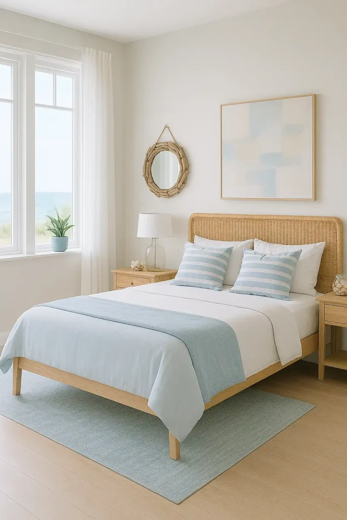 A calming coastal bedroom with soft, beachy tones. A large white bed with light blue bedding, striped throw pillows, and a woven rattan headboard. The room is filled with nautical accents, like seashells in a glass jar, a driftwood mirror, and a light wooden dresser. The floors are light oak, and a pale blue area rug is placed under the bed. Large windows with sheer curtains allow sunlight to spill in, offering a view of the ocean or a scenic landscape.