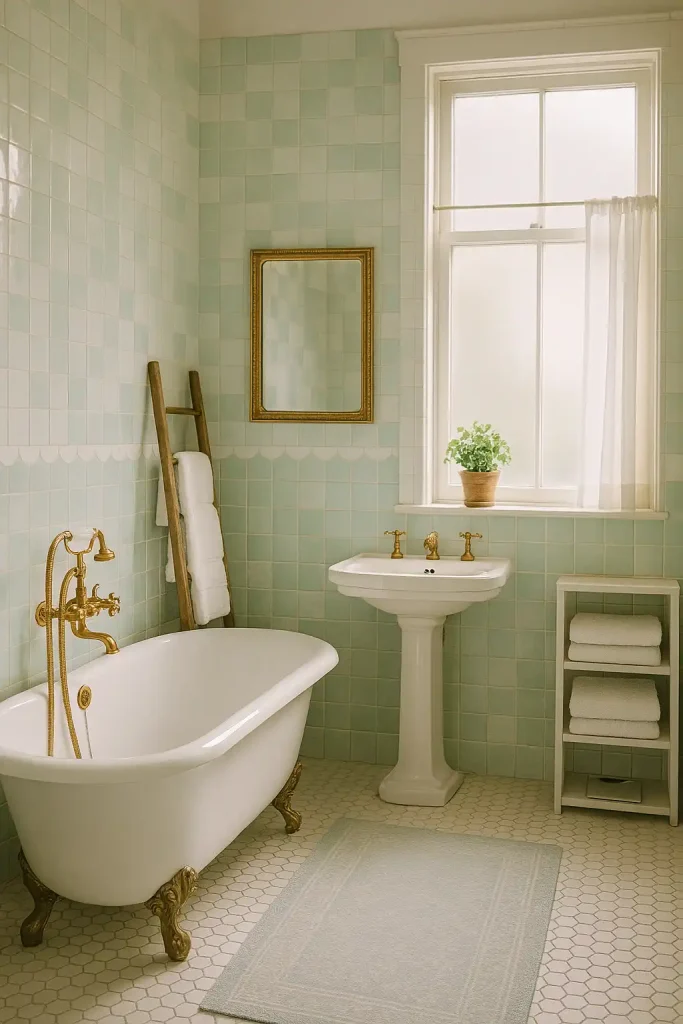 A charming vintage bathroom with pastel-colored tiles in a soft mint green and white pattern. A clawfoot bathtub with a polished gold faucet sits against one wall, accompanied by a wooden vintage ladder for towels. The sink is a classic pedestal design with a gold-framed mirror hanging above it. Soft, white towels are neatly folded on a shelf, and a small potted plant sits on the windowsill. The room is filled with natural light, giving it a fresh, airy feel.