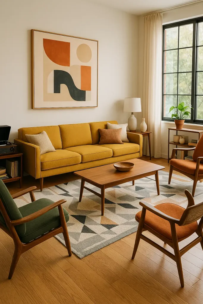 A stylish mid-century modern living room with a sleek, low-profile sofa in mustard yellow, paired with a wooden coffee table with clean lines. The room features a geometric rug, wooden floor, and a variety of mid-century style accessories, such as a vintage record player, retro armchairs, and decorative ceramics. The walls are a soft white with a large abstract art piece hanging above the sofa. Floor-to-ceiling windows let in plenty of natural light.