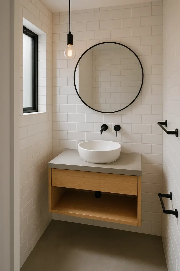A compact, modern bathroom with a floating vanity, large round mirror, white subway tile walls, matte black fixtures, a single hanging bulb light, and light wood accents. Natural light filtering in from a small frosted window. Concrete floor for a sleek touch.