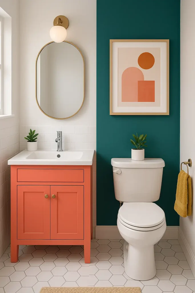 Small bathroom with mostly white décor but featuring a bold pop of color — like a coral vanity, teal wall, or mustard yellow towels. Clean lines, minimal accessories, and an eye-catching art print above the toilet.
