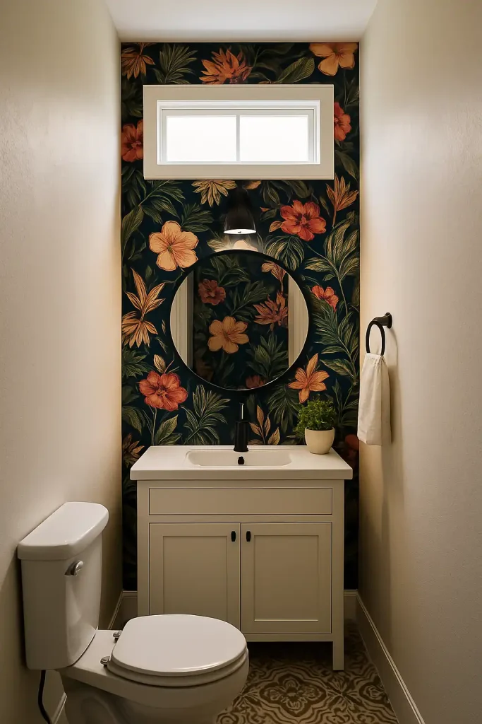A narrow bathroom featuring a bold statement wall with floral or tropical wallpaper, paired with neutral finishes elsewhere. Simple white vanity, round mirror, and black accents. Natural light pouring in through a high transom window.