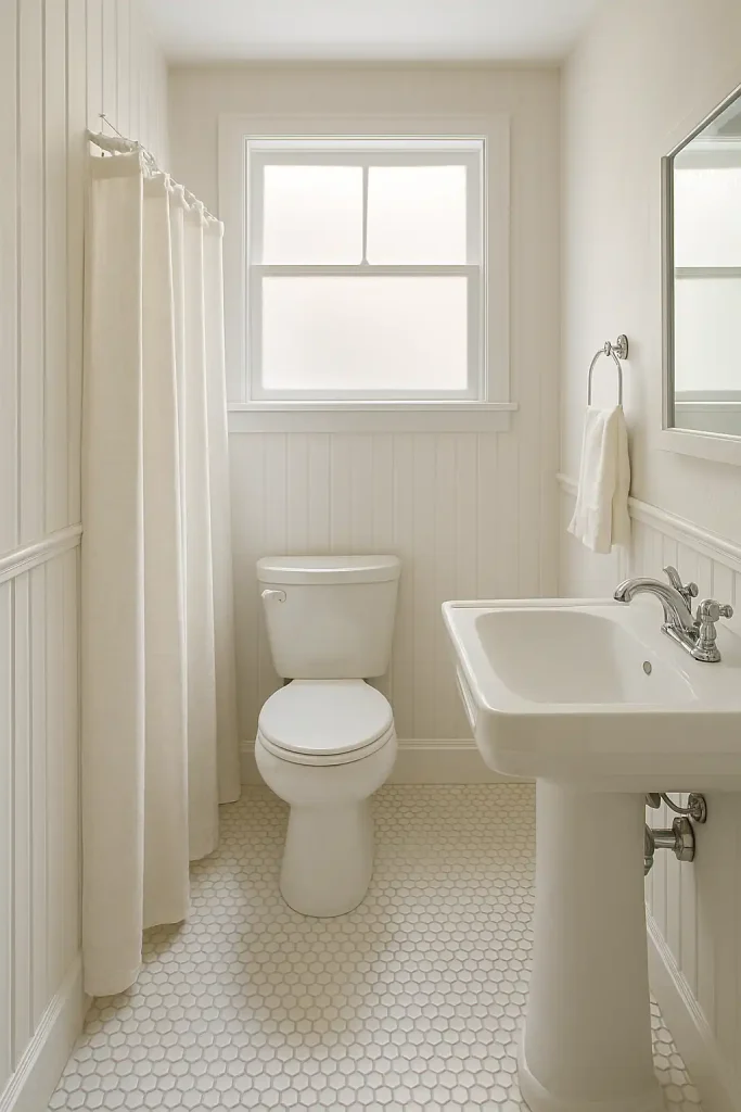 A compact all-white bathroom, elevated by using texture: white beadboard walls, white hex tile floor, textured linen shower curtain, and frosted glass details. Minimal but visually interesting.