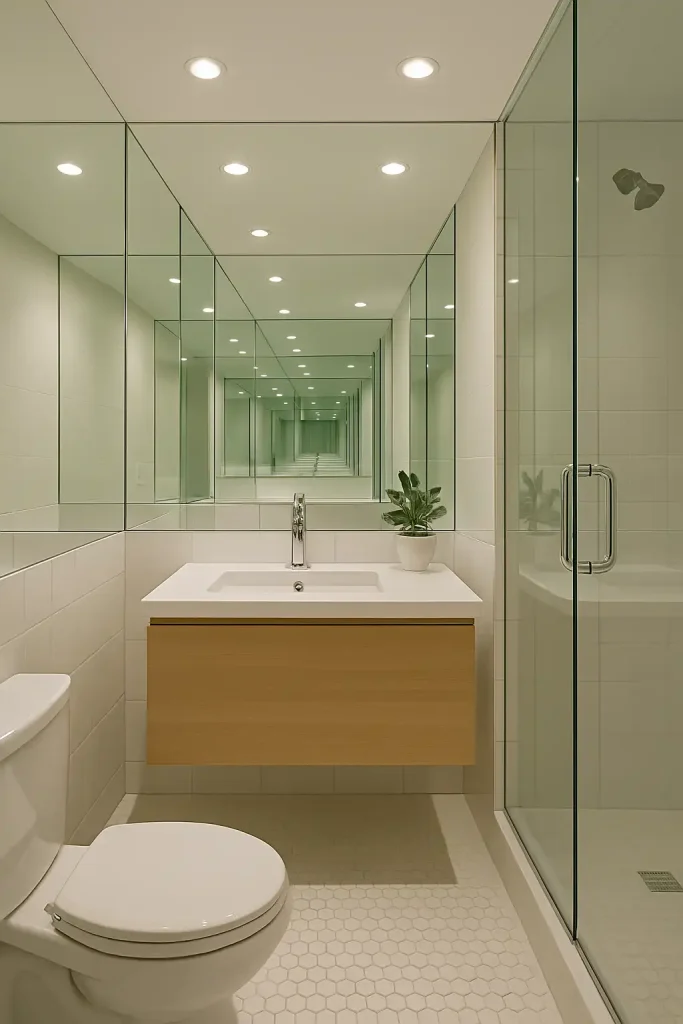 Small bathroom using oversized or multiple mirrors to create the illusion of space. Frameless mirror wall behind a floating vanity, paired with recessed lighting and glass shower enclosure.