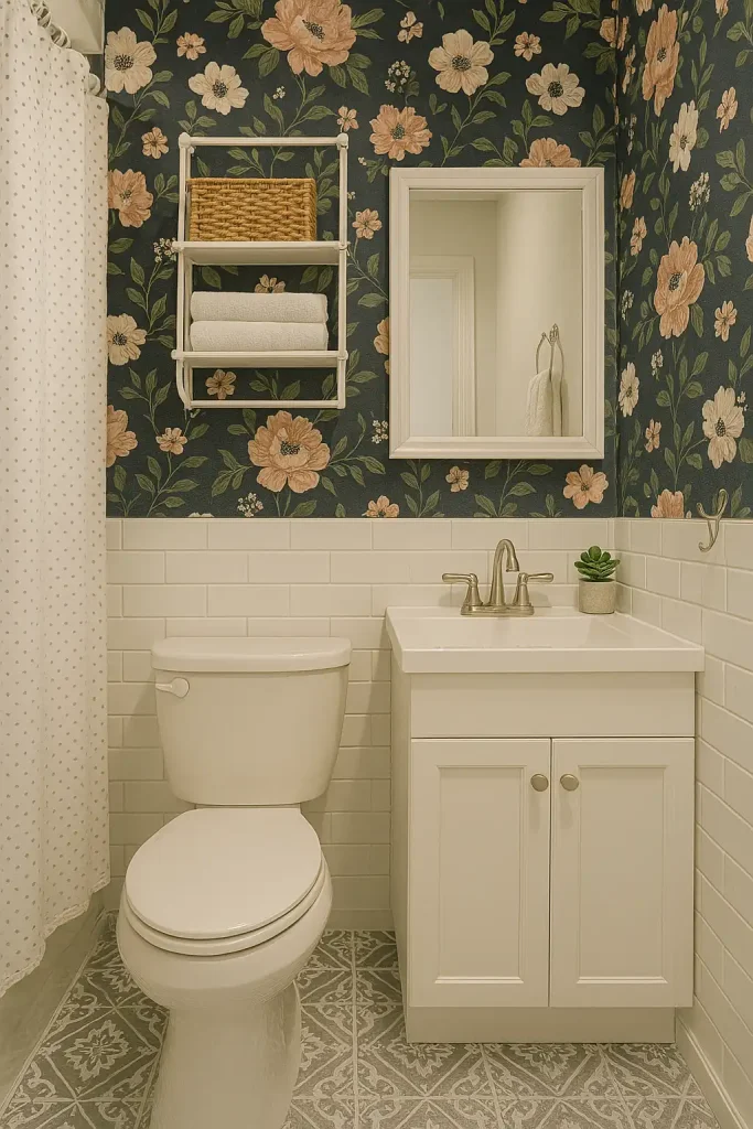 Tiny rental bathroom with peel-and-stick tiles, removable adhesive hooks, a stylish tension shower rod with a cute curtain, over-the-toilet shelving, and a bold removable wallpaper accent.